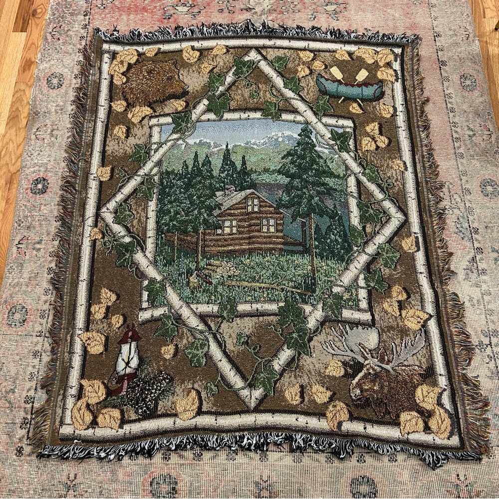 Vintage Woven Tapestry Throw Blanket Fringe Afghan Cabin Lodge Moose Bear Rustic